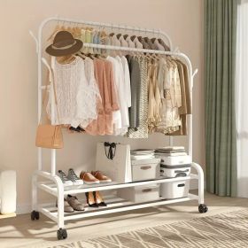 Sturdy Metal Double Rod Garment Rack with Wheels Portable Clothes Rack with Shelves and Hooks Heavy Duty Hanging Organizer for Clothes Bedroom La