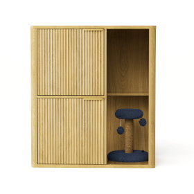 31.5-inch  Cat Litter Cabinet with Cat Tree - Grooved Concealed Litter Furniture Featuring Dual Cat Doors and Storage Shelves (Color: Natural)