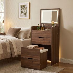Elegant White Lady Vanity Table with Flip-up Led Mirror,Makeup Stool,Multi-functional for Makeup Table (Color: Walnut)